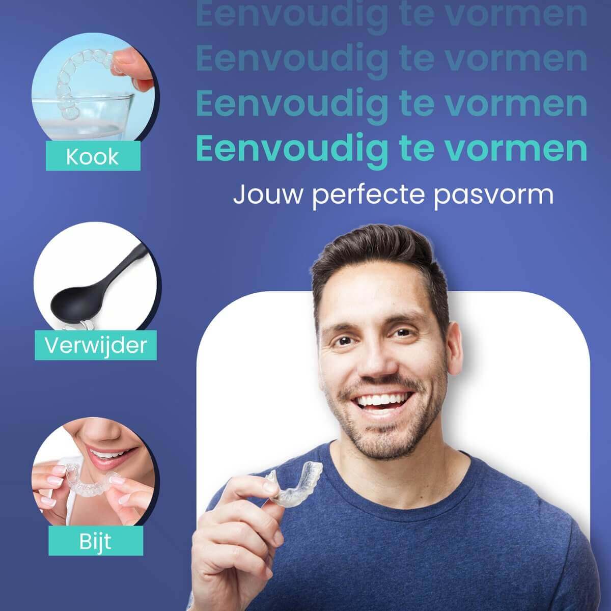 Man holding MR.PANACHE GrindGuard with instructions for use in Dutch: boil, remove, and bite for a perfect fit.