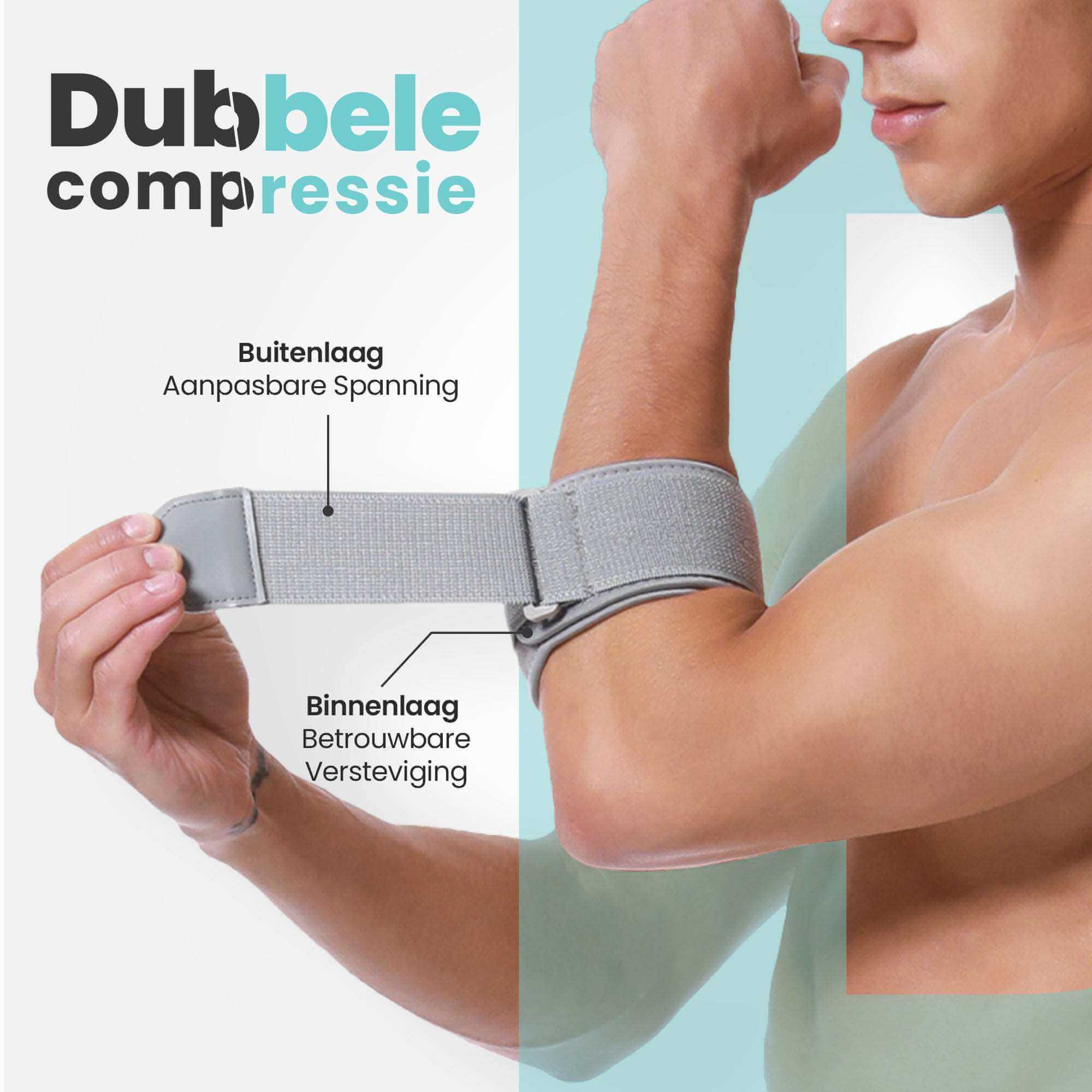 Een man draagt de MR. PANACHE elleboogbrace en demonstreert de dubbele compressielagen - buitenlaag en binnenlaag - voor verstelbare ondersteuning.