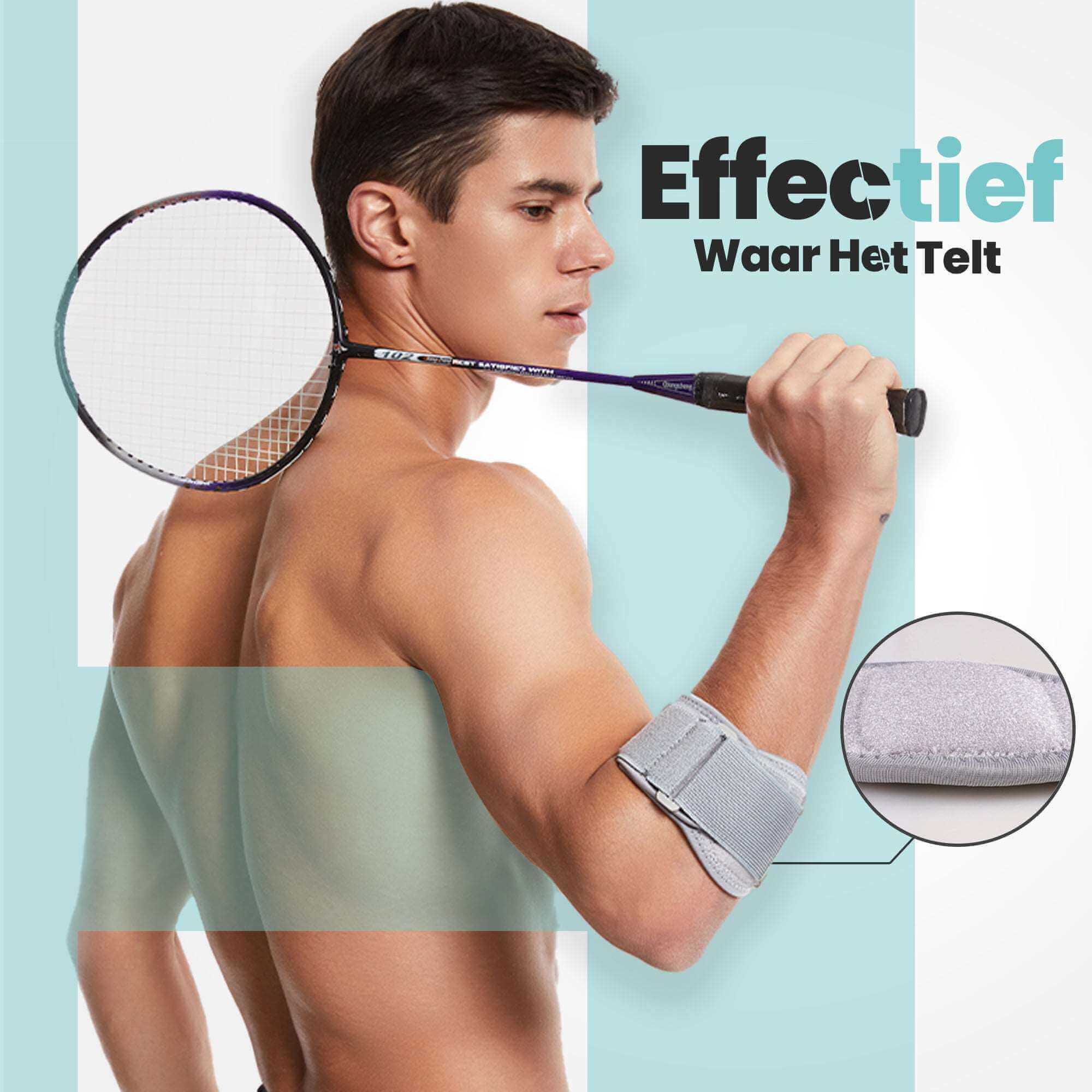 Man draagt een MR.PANACHE elleboog brace terwijl hij een badmintonracket vasthoudt voor effectieve ondersteuning.