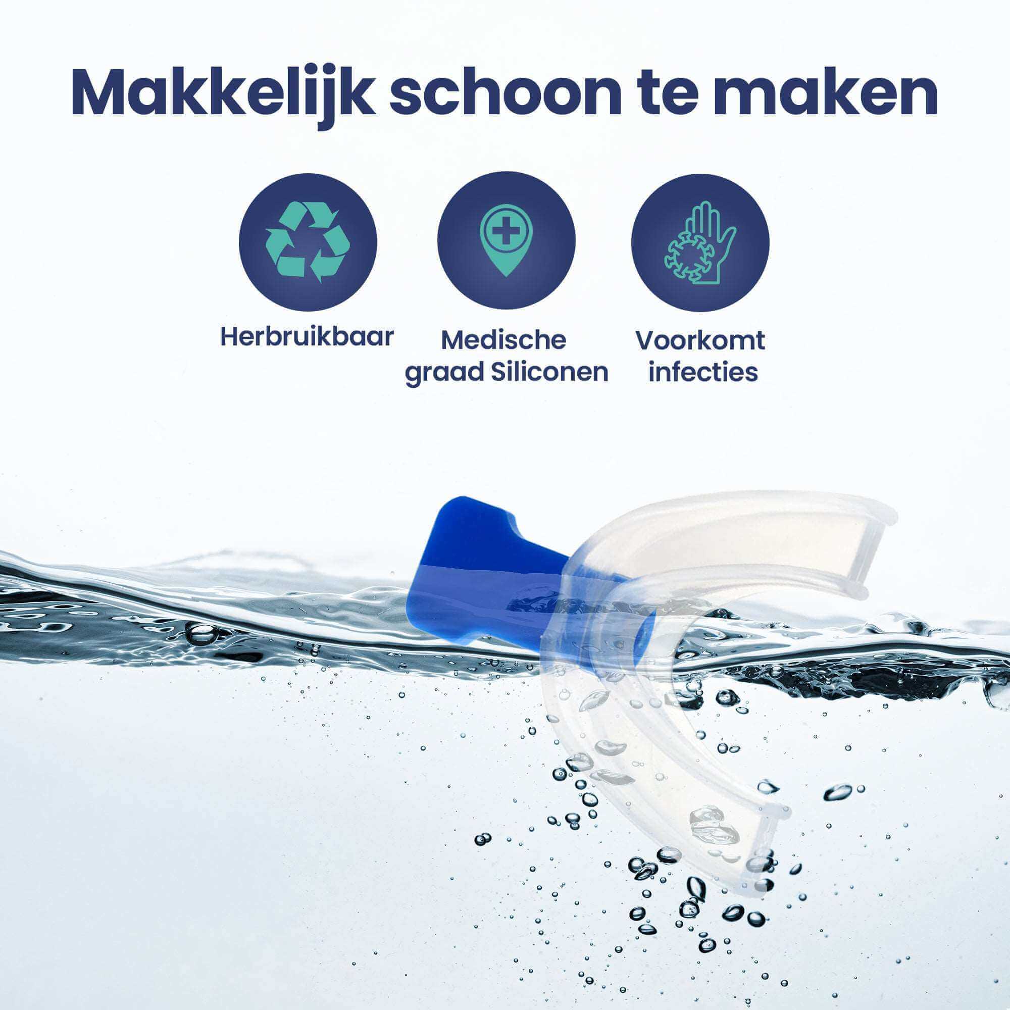 Snurkbeugel drijvend in water, herbruikbaar, medisch goedgekeurd siliconen, voorkomt infecties, makkelijk schoon te maken.