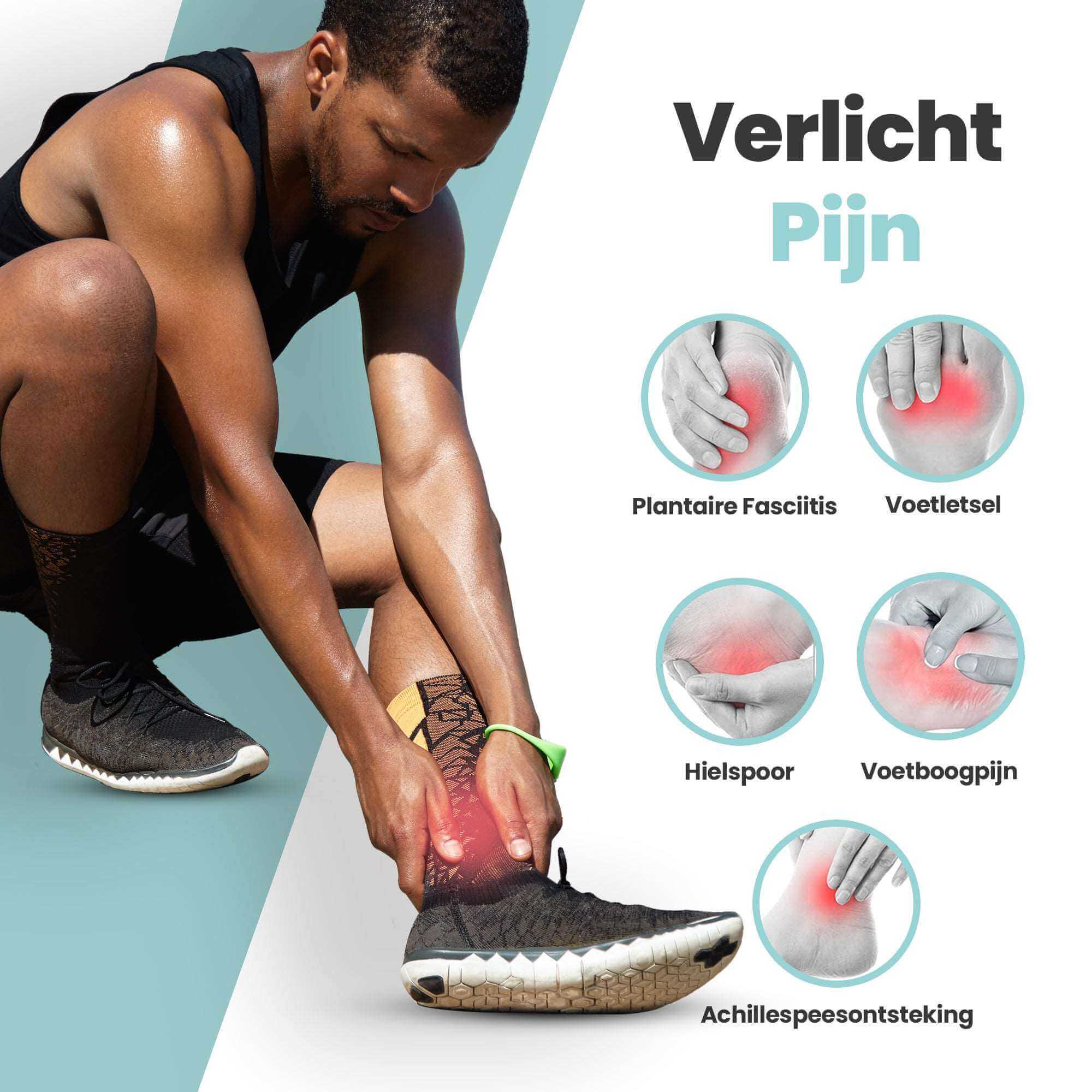 Een man die zijn enkelbrace aanpast, biedt verlichting voor fasciitis plantaris, voetblessures, hielspoor, boogpijn en achillespeesontsteking.