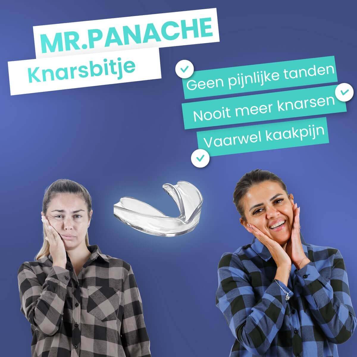 MR.PANACHE GrindGuard gebitsbeschermer voor knarspreventie en pijnvrije nachten, effectief tegen tandenknarsen en kaakpijn.