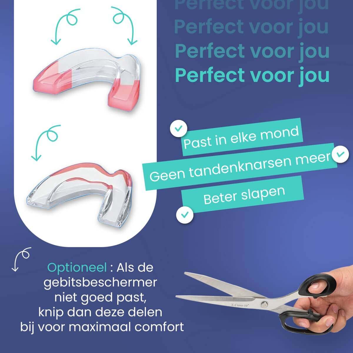 MR.PANACHE GrindGuard gebitsbeschermer voor knarspreventie en beter slapen, met optionele aanpassing voor maximaal comfort.