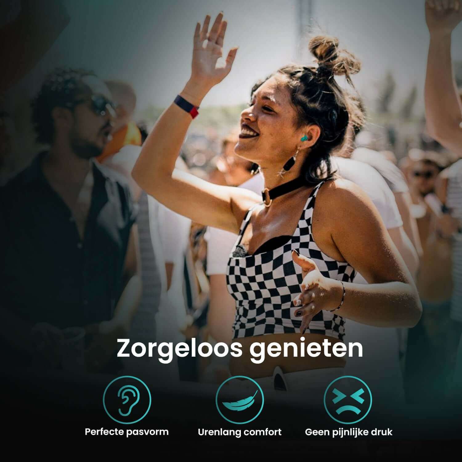 Vrouw geniet van festival met MR.PANACHE PartyPods festival oordoppen voor zorgeloos plezier, perfecte pasvorm en urenlang comfort.