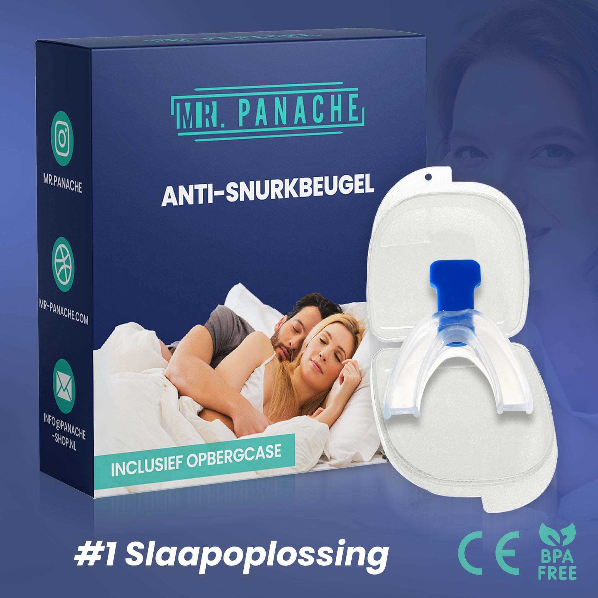 Snurkbeugel van MR.PANACHE met opbergcase, toont comfortabele en effectieve snurkpreventie-oplossing voor een verkwikkende nachtrust.