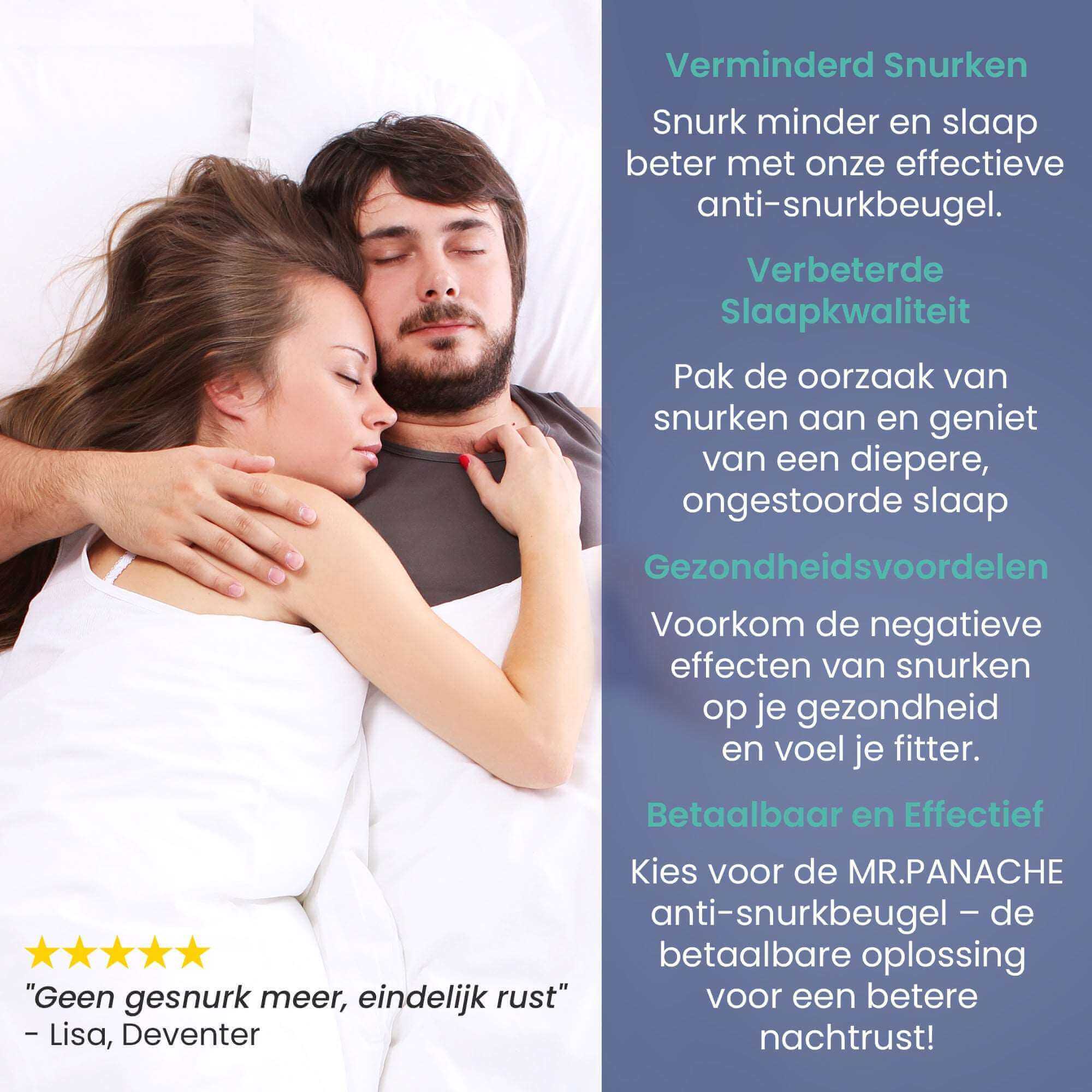 Paar slapend in bed met vier voordelen van snurkbeugel uitgelegd: verminderde snurken, verbeterde slaapkwaliteit, gezondheidsvoordelen, betaalbaar en effectief.